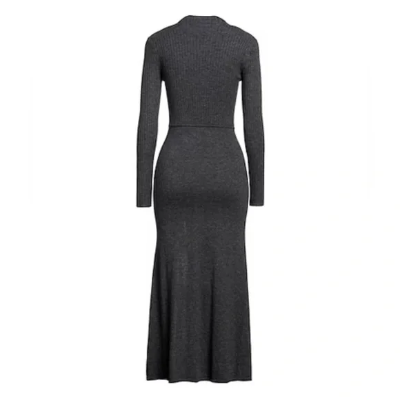 SANDRO Ruched ribbed knit wool-blend mock neck midi long sleeve sweater dress - Picture 3 of 4
